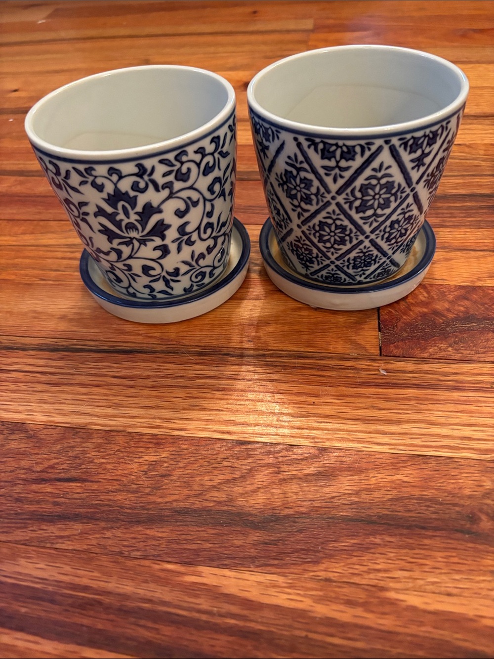 Blue and White Ceramic Planter Pot with Saucer - Set of 2